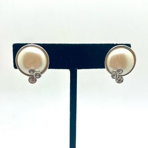 Vintage Monet Faux Pearl Silver Tone Clip Earrings Rhinestone Accent